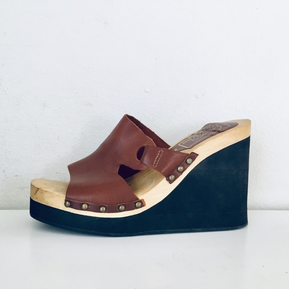 70s Clogs Platform Wedge Sandals Leather Wood 7